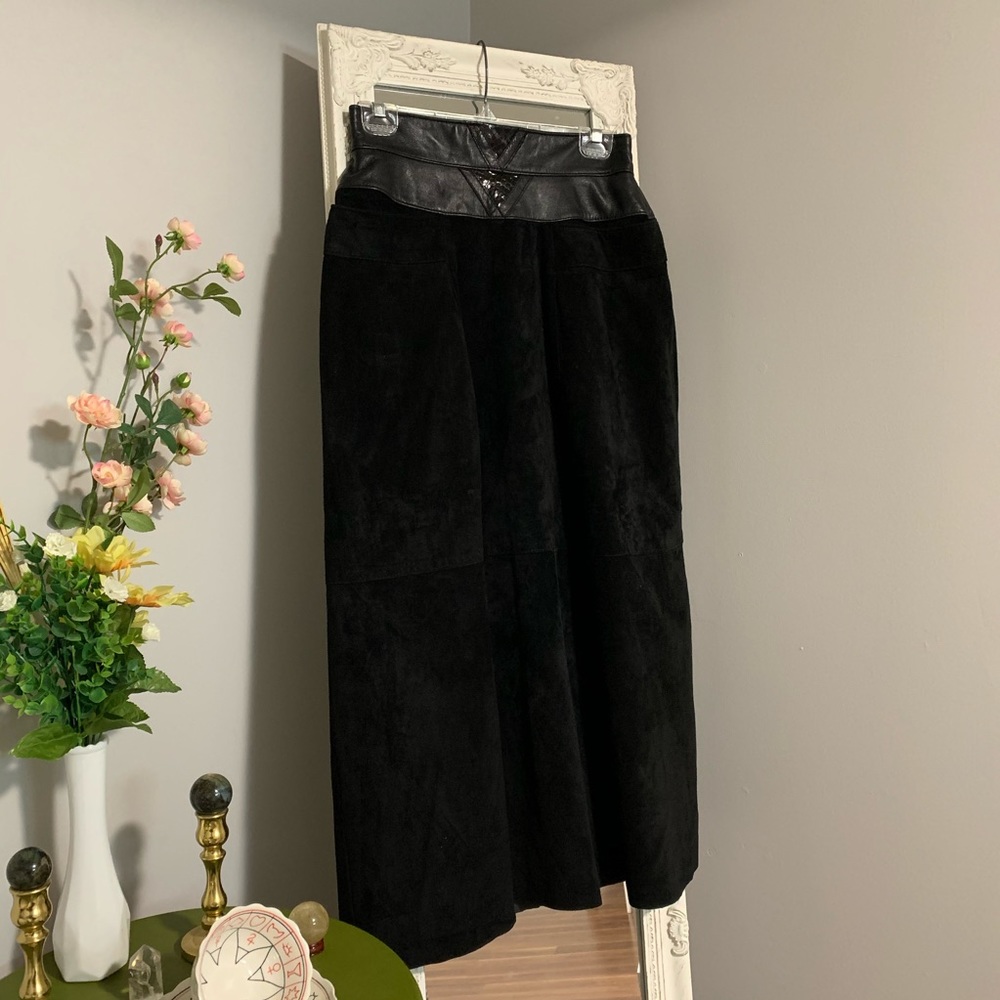 1980s Black Leather Suede Maxi Skirt